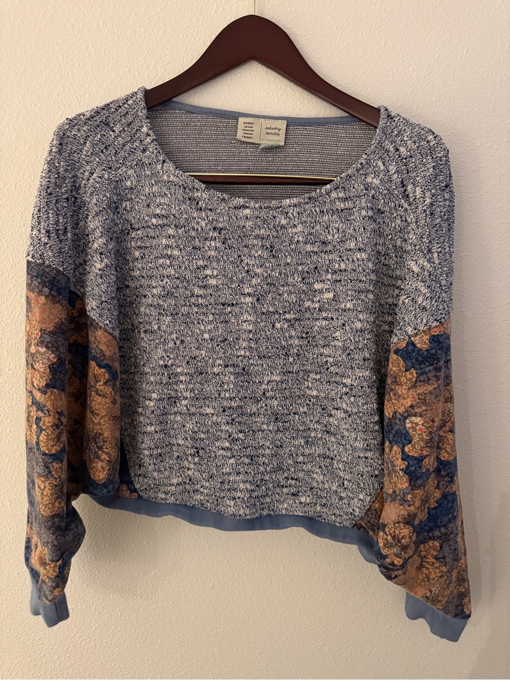 Saturday Sunday Anthropologie Blue Floral Mixed Media Sweater Medium Boho